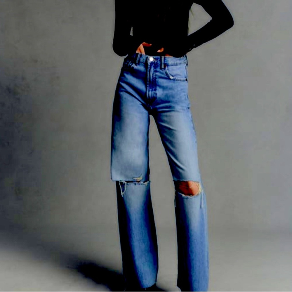 Zara TRF High Rise Wide Leg Jeans in Navy Blue